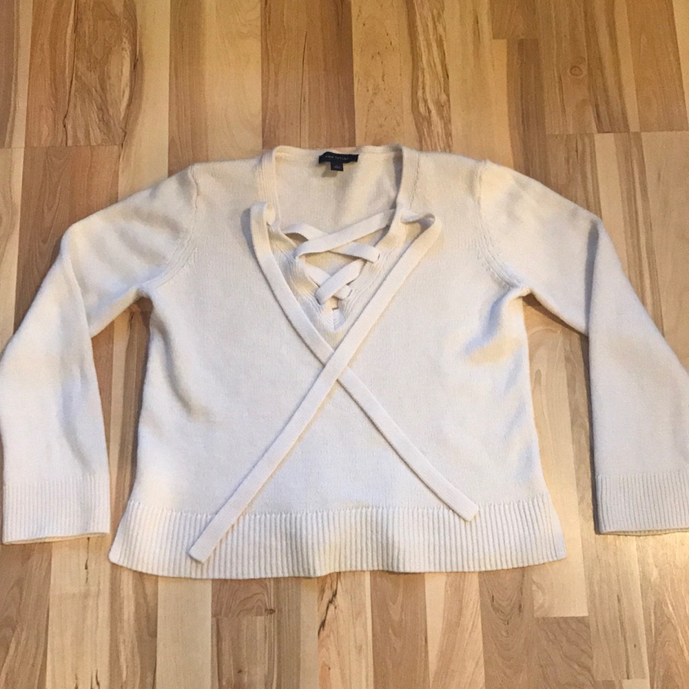 Ann Taylor cream lace up sweater. Size L